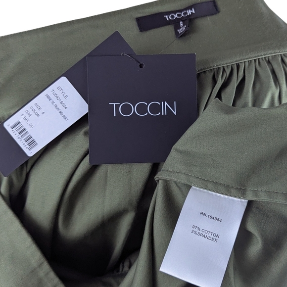 Toccin Sabine Tie Front Midi Skirt Stretch Cotton Pockets Olive S NWT - Picture 16 of 16